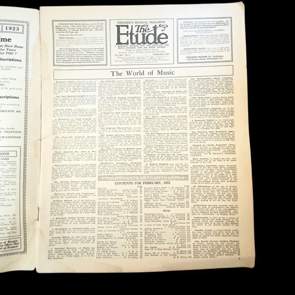 Etude Music Magazine February 1923 Vintage Sheet Music History Levittzki, Scott